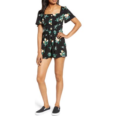 All In Favor Lemon Print Button Front Romper, Black