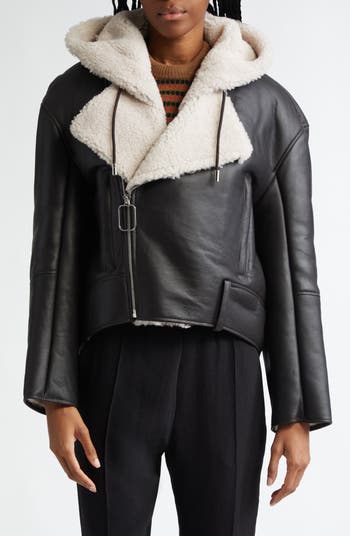 Lambskin & Genuine Shearling Hooded Biker Jacket