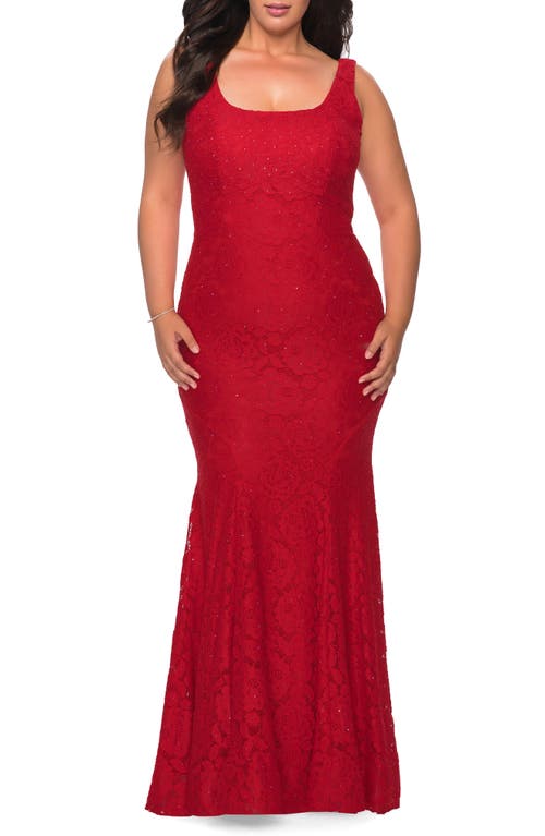 Beaded Lace Trumpet Gown in Red