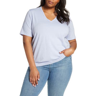 Plus Size Eileen Fisher Striped V-Neck Organic Cotton Tee, Purple