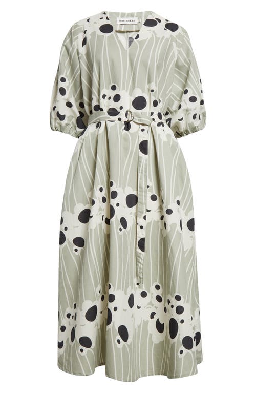 Shop Marimekko Aiva Lammet Belted Midi Dress In Greyish Green White Dk Grey