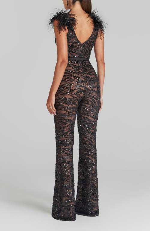 Nadine Merabi Jenna Ostrich Feather Trim Sequin Belted Jumpsuit In Black