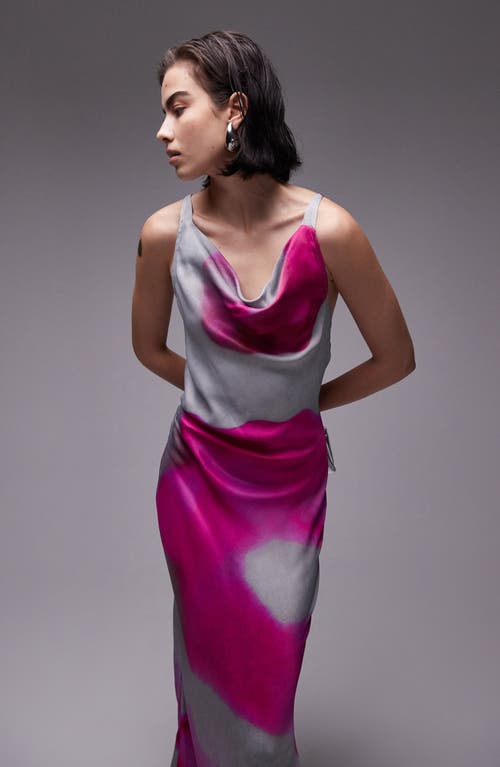 Topshop High Cowl Neck Maxi Dress In Pink Blurred Print In Pink