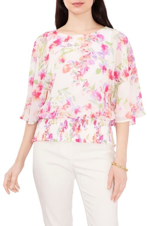 Chaus Smocked Dolman Top In Cream/coral/fuchsia