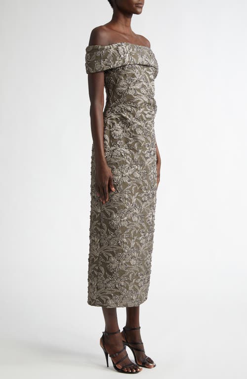 Shop Oscar De La Renta Orchid Metallic Jacquard Off The Shoulder Cocktail Dress In Truffle/brass