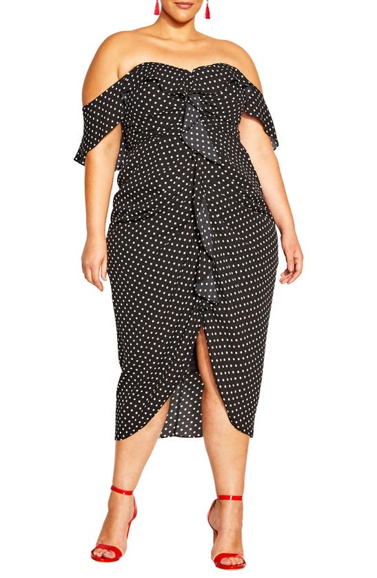 City Chic Gina Spot Off The Shoulder Midi Dress In Black Polka Dot