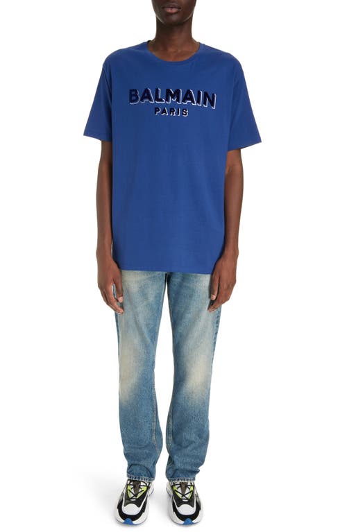 Balmain Logo-flocked Organic Cotton T-shirt In Slk Dark Blue/multi