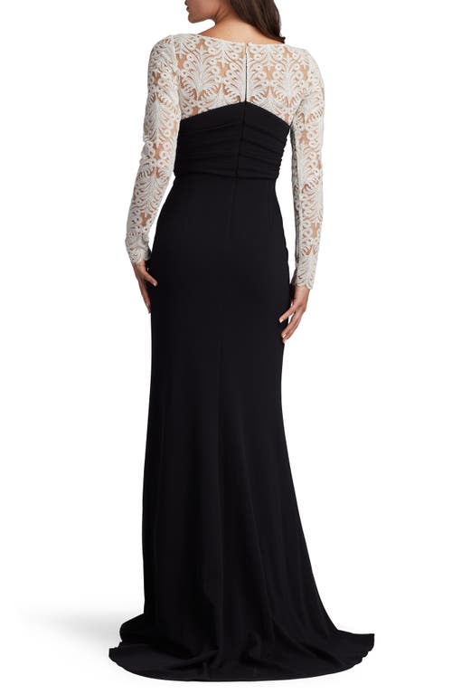 Tadashi Shoji Pleated Two-tone Crepe & Lace Column Gown In Ivory/black