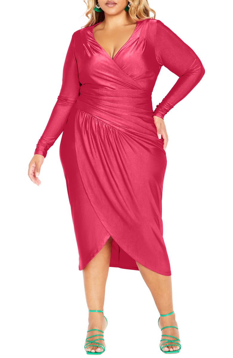 City Chic Marissa Ruched Long Sleeve Midi Dress, Main, color, Vibrant Pink