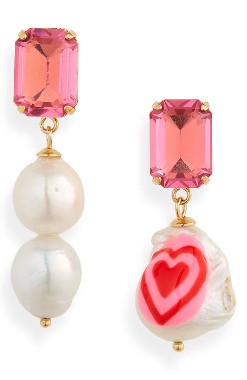Martha Calvo Heart Crystal & Baroque Pearl Mismatched Drop Earrings in Pink
