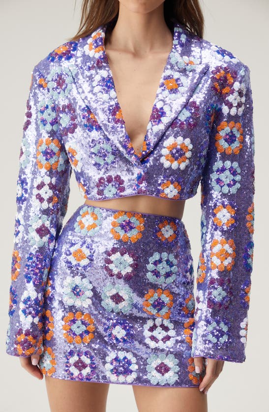 Nasty Gal '70s Floral Sequin Crop Blazer In Purple