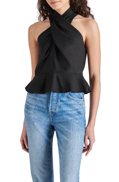 Shop Steve Madden Kosta Crossover Peplum Cotton & Linen Top In Black