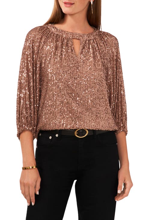 Chicos Shirt Womens Extra Large Brown Tunic Sequins Long Sleeve