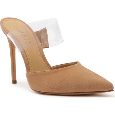 Schutz Sionne Clear Strap Pointed Toe Mule, Beige