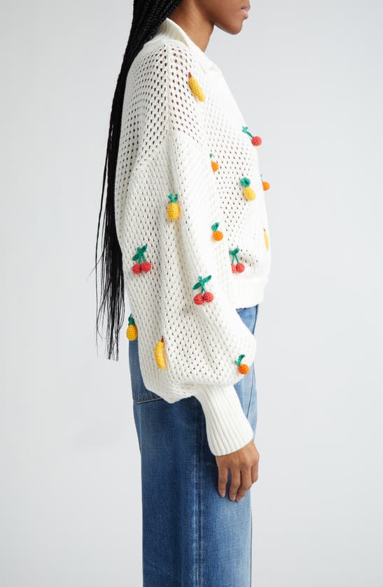 Shop Farm Rio Open Stitch Crochet Fruit Johnny Collar Cotton Sweater In Off-white