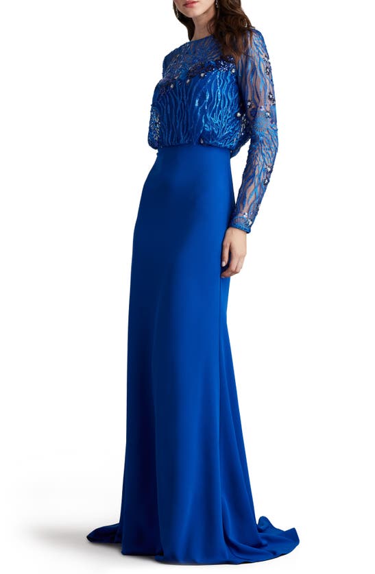 Shop Tadashi Shoji Blouson Sequin Long Sleeve Gown In Mystic Blue
