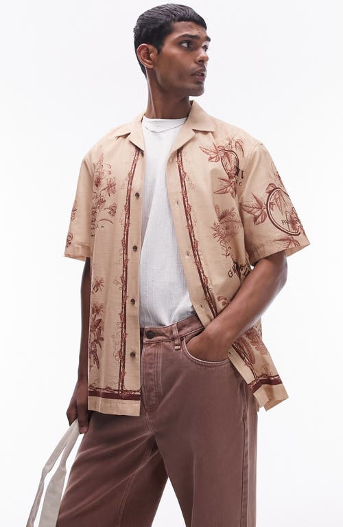 Topman Relaxed Fit Border Camp Shirt Beige Multi at Nordstrom,