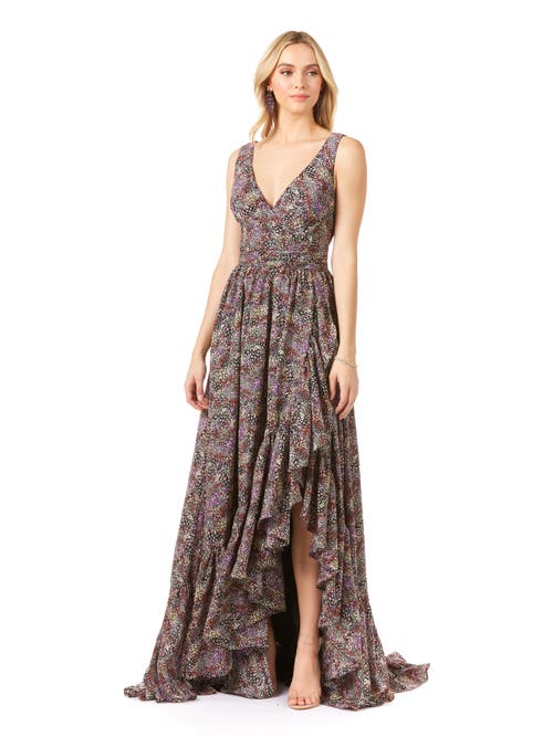 Shop Lara New York V-neck Long Print Gown Hi-low Wrap In Blackprint