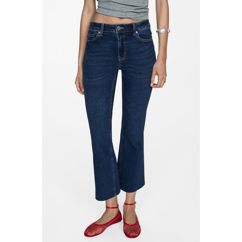 Shop Mango Sienna Raw Hem Crop Flare Jeans In Dark Blue