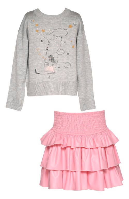 Shop Truly Me Kids' Swing Graphic Sweater & Ruffle Skirt Set In Grey