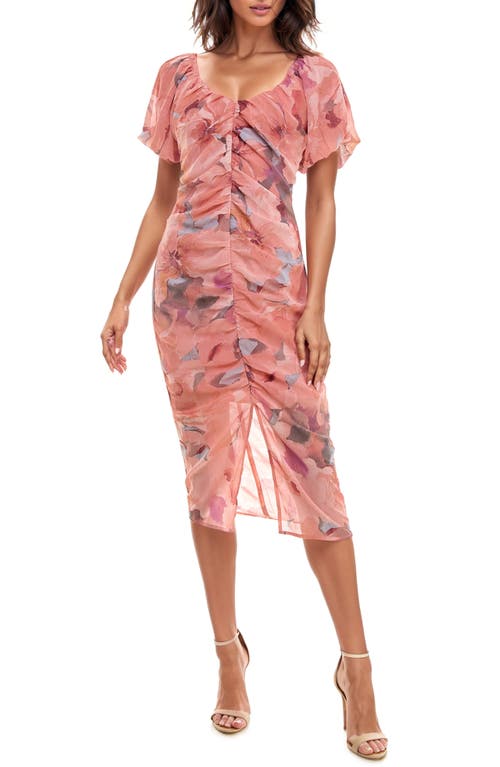 Ruched Puff Sleeve Midi Dress in Pink Soft Floral