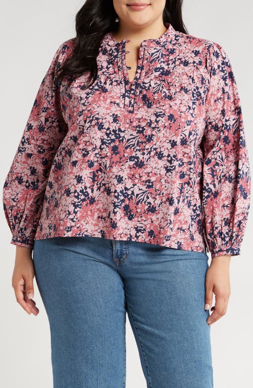 Shop Caslonr Caslon(r) Floral Cotton Split Neck Top In Navy- Pink Shadow Floral