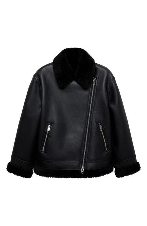 Mango Faux Shearling Moto Jacket In Black