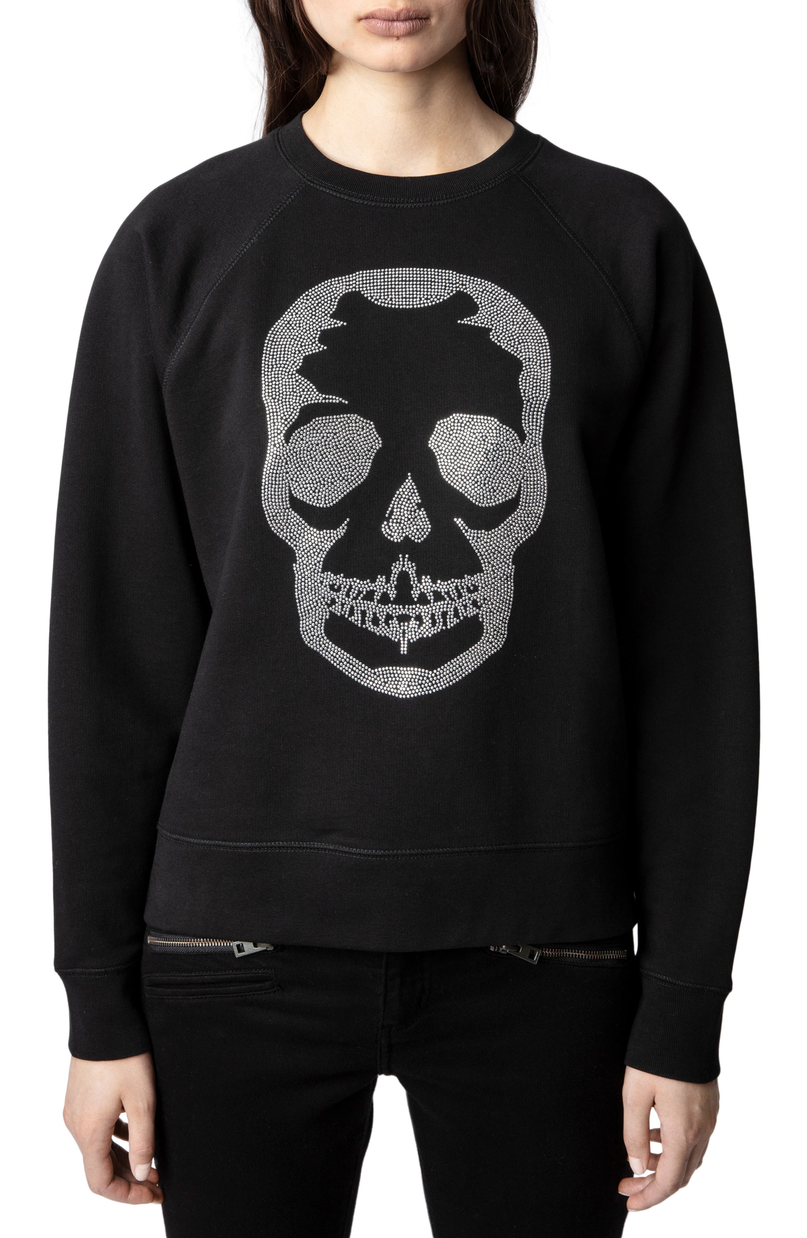 Zadig \u0026 Voltaire Skull Strass Crewneck Sweatshirt, Noir, Women's, L, Sweaters Crew Neck Crewneck Sweaters