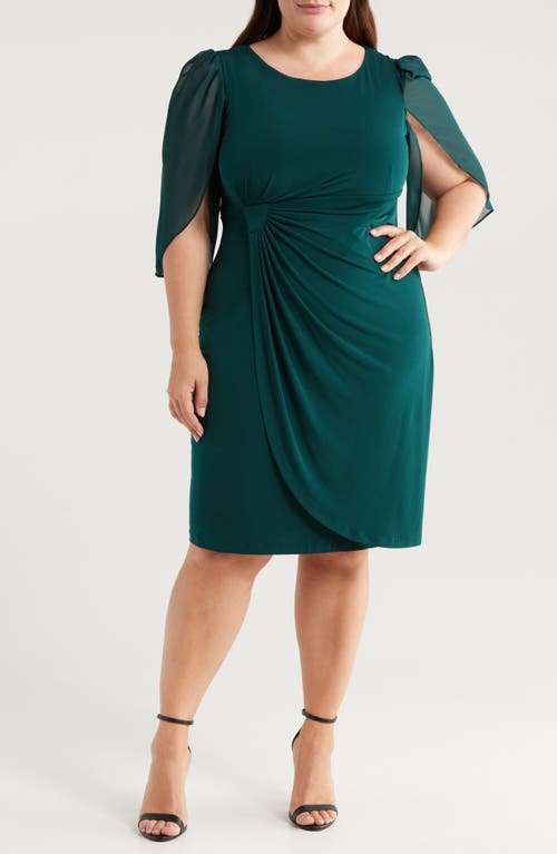 Connected Apparel Chiffon Sleeve Faux Wrap Dress in Hunter 