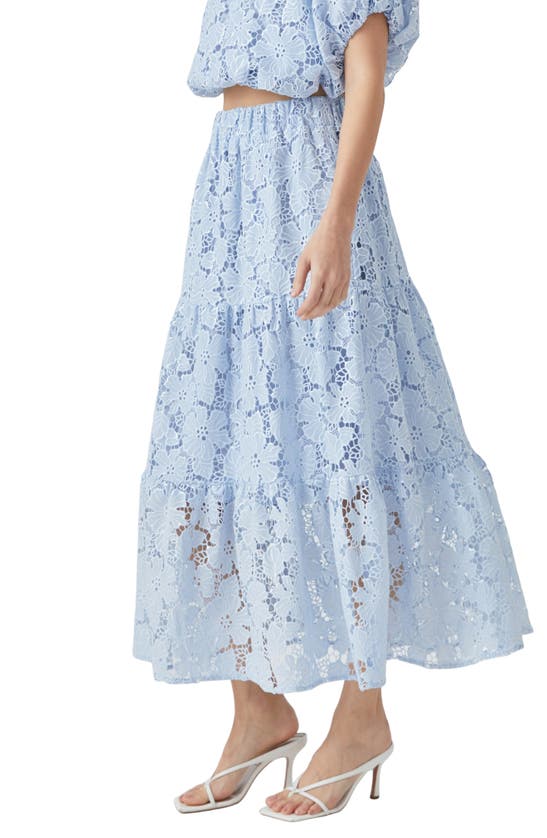 Shop Endless Rose Tiered Sequin Lace Maxi Skirt In Powder Blue