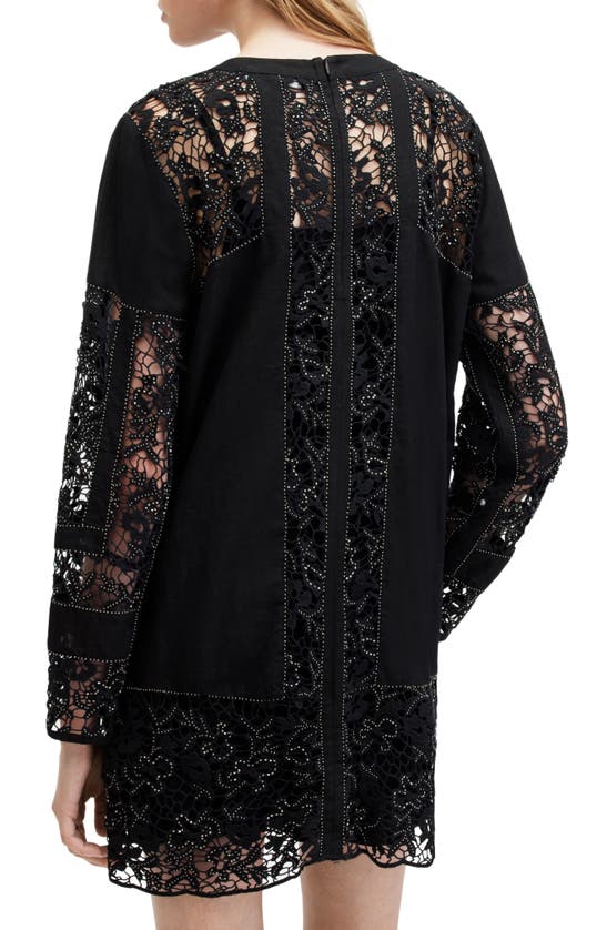 Shop Allsaints Noush Beaded Lace Trim Long Sleeve Linen Blend Minidress In Jet Black