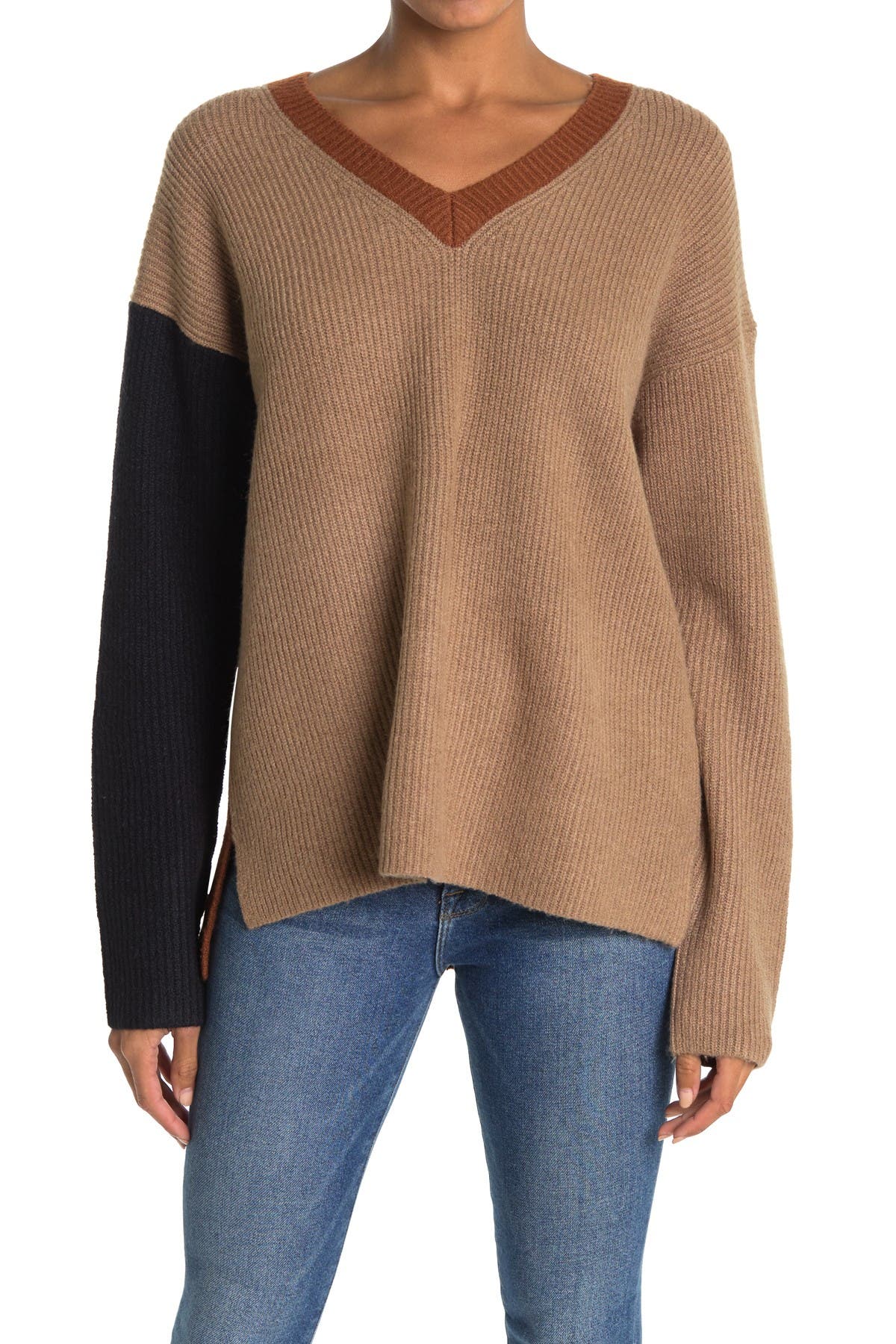 color block v neck sweater