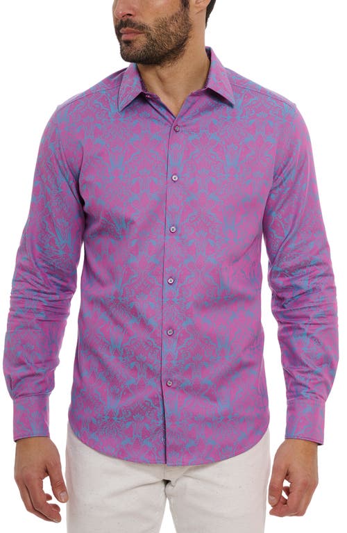 Highland Classic Fit Damask Print Print Cotton Button-Up Shirt in Magenta