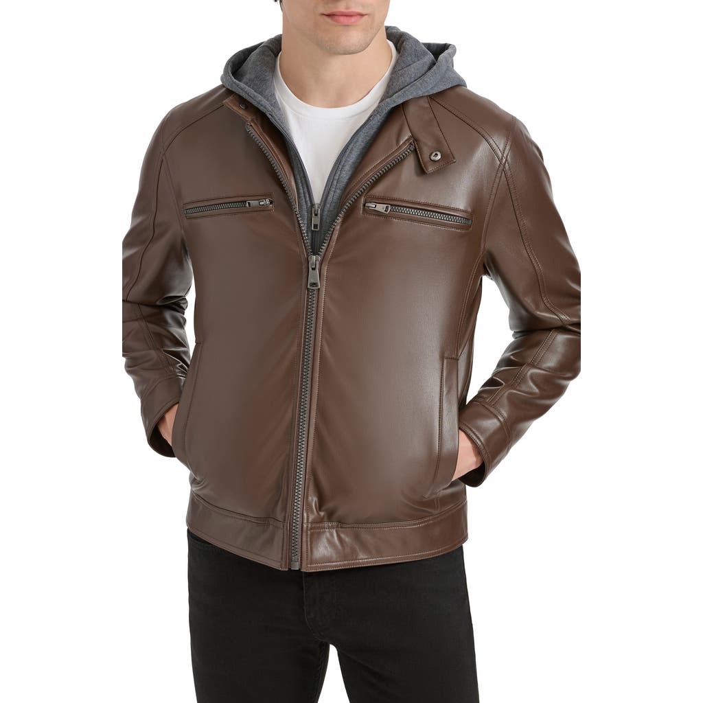 Kenneth Cole New York Hooded Faux Leather Jacket In Brown
