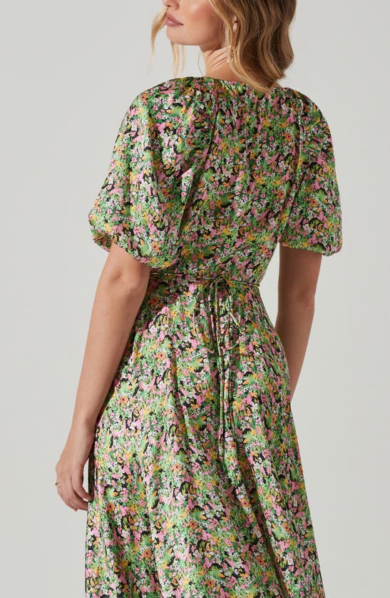 Shop Astr The Label Floral Puff Sleeve Wrap Dress In Pink Green Multi