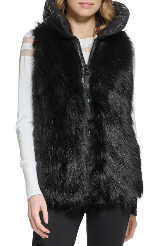 Dkny Women's Hooded Faux-fur Puffer-contrast Zip-front Vest In Black