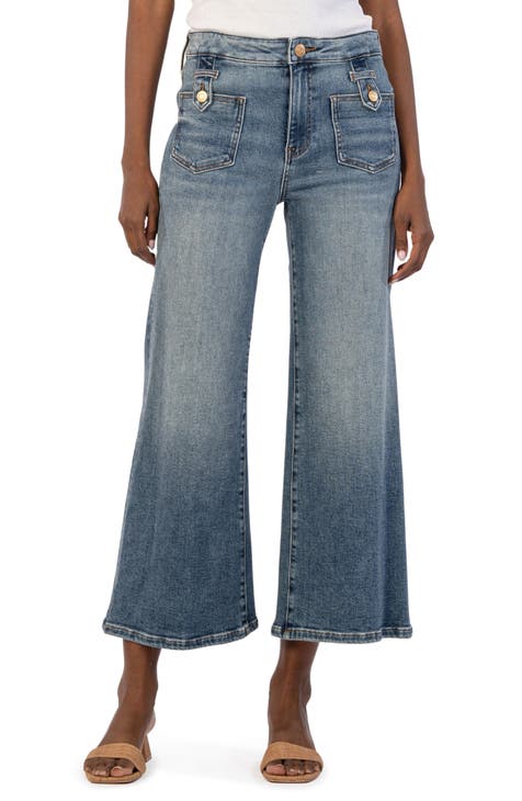 Women's High Waist Denim Jeans Ruffle Tiered Bell Bottom Pants