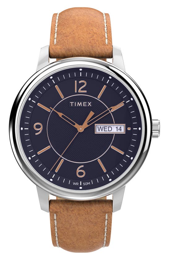 Timex Chicago Leather Strap Watch, 45mm In Silver/ Blue/ Tan