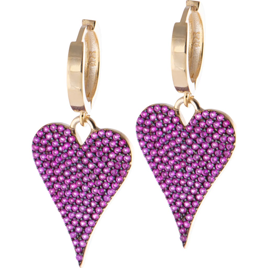 Shymi Pavé Heart Drop Huggie Hoop Earrings In Gold/hot Pink