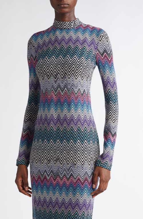 Shop Missoni Chevron Stripe Long Sleeve Wool Knit Dress In Multi Purple Turquoise Pink