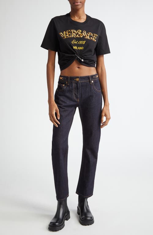 Shop Versace Milano Embroidered Safety Pin Crop Cotton T-shirt In Black Multicolor