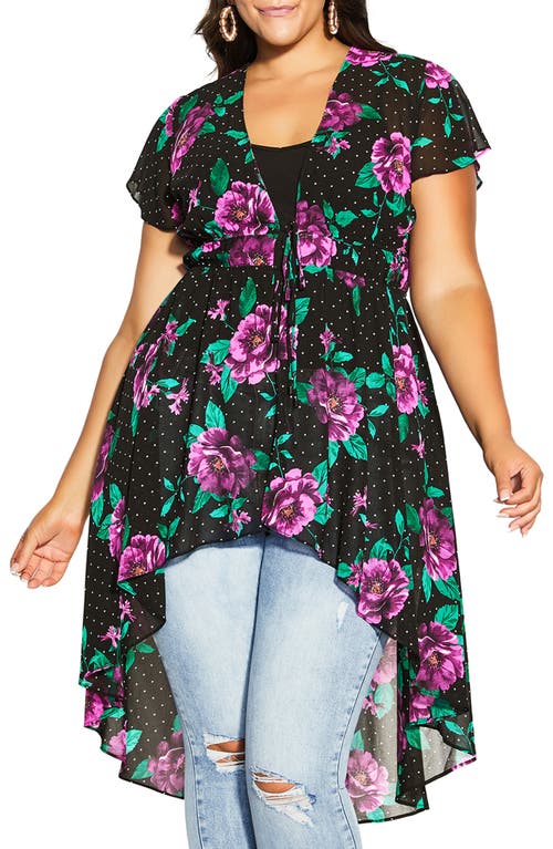City Chic Willow Tie Front High-Low Duster in French Floral Spot