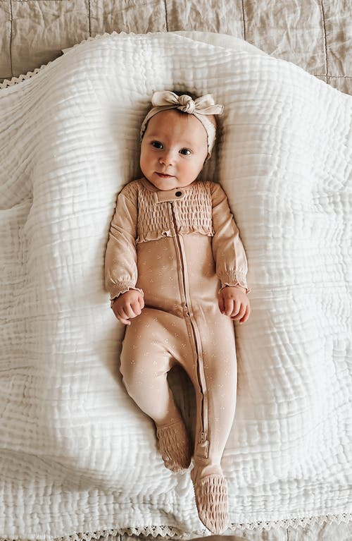 L'ovedbaby Smocked Organic Cotton Zip Footie In Rosewater Dots