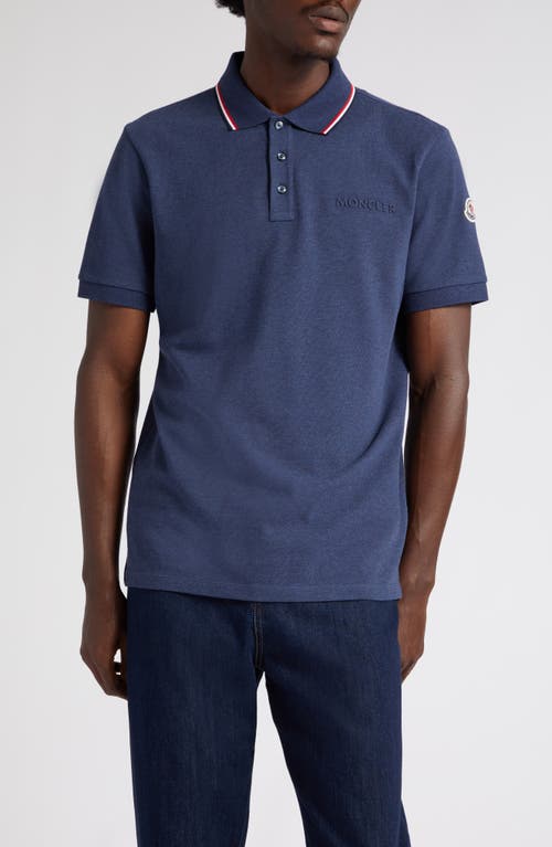 Moncler Tipped Logo Embossed Cotton Piqué Polo in Navy at Nordstrom, Size Small