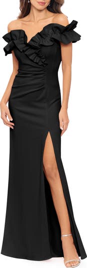 Xscape Evenings Ruffle Ruched Off the Shoulder Scuba Gown | Nordstrom