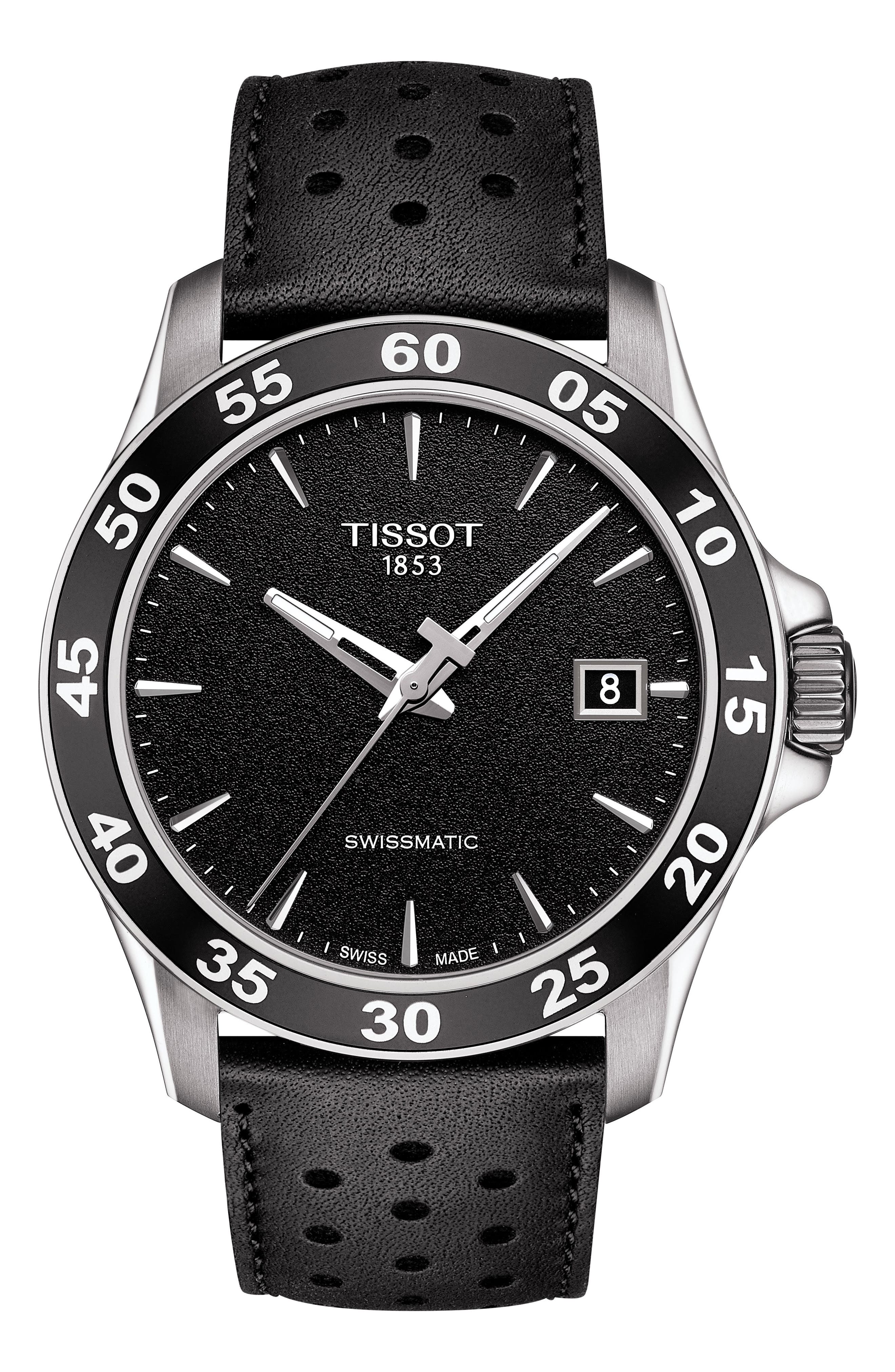 TISSOT V8 SWISSMATIC PERFORATED LEATHER STRAP WATCH, 42MM