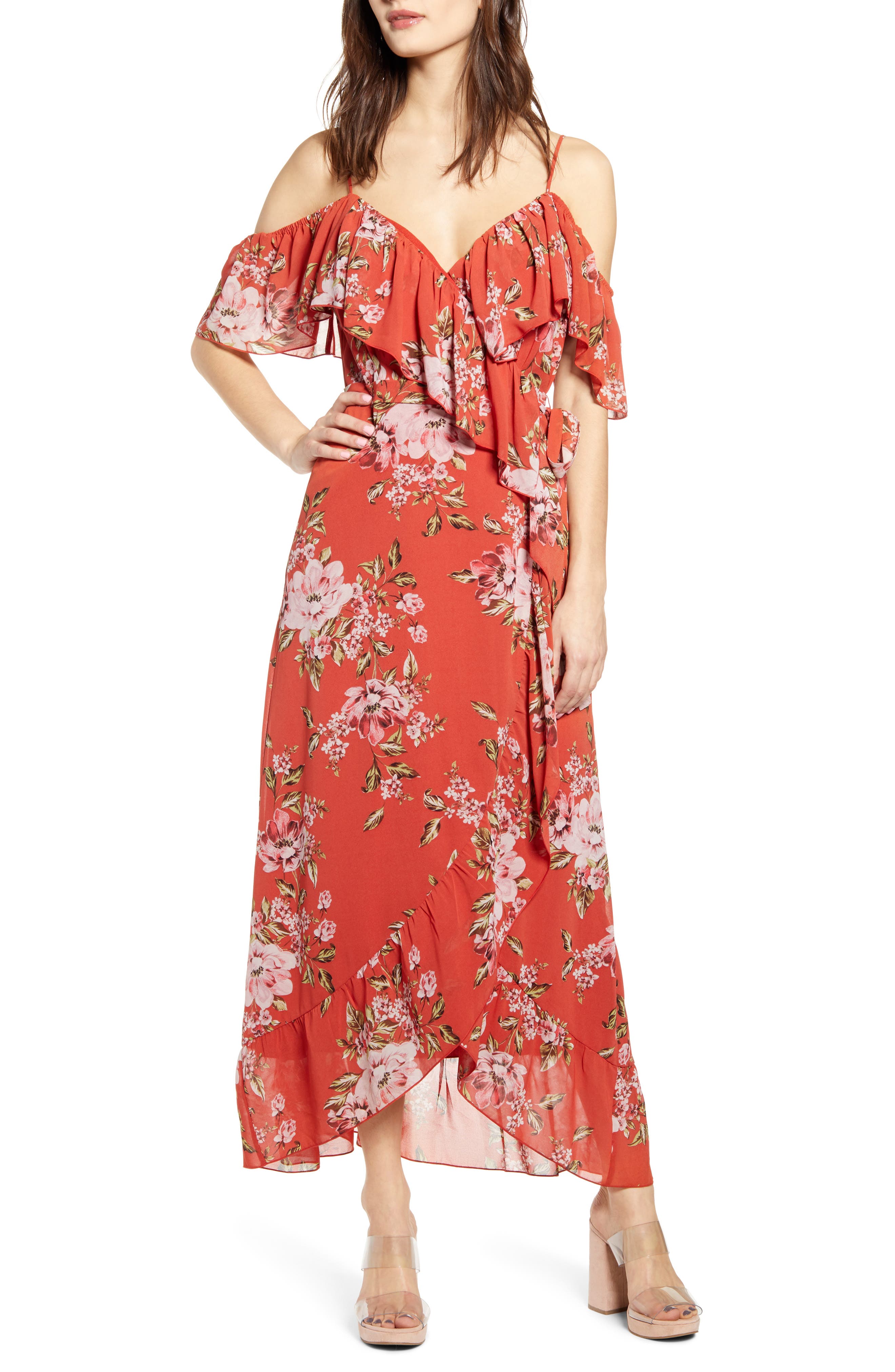 red cold shoulder ruffle detail maxi dress