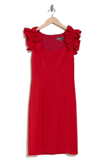 Donna Ricco Ruffle Shoulder Sheath Dress In Red