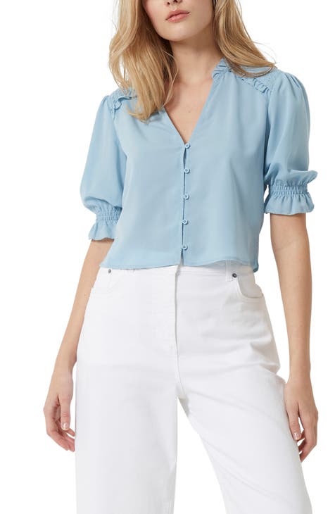 Puff Sleeve Crepe Button-Up Top