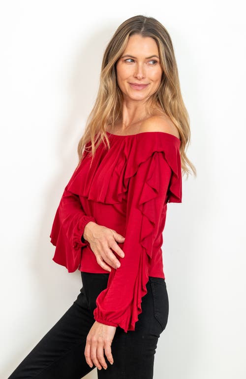 Jjwinks Vixen Built-in Shelf Off-the-shoulder Long Sleeve Ruffle Holiday Top In Crimson